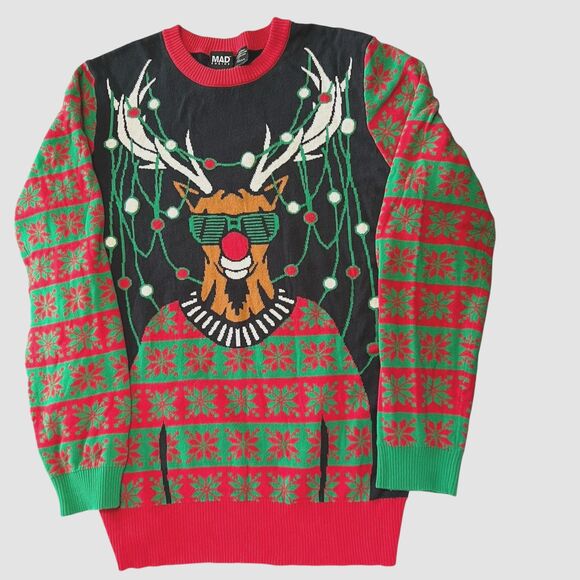 Mad Engine Rudolph Sunglass Snow Holiday Christmas Funky Sweater Size Large - Picture 7 of 14